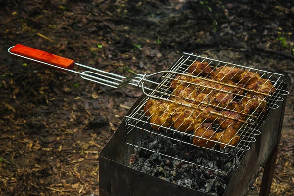 Cubos de carne conservada em escabeche em uma grelha de grelha no braseiro. churrasco kebab em brasas outdors. piquenique grelhado na natureza. vista superior de perto — Fotografia de Stock