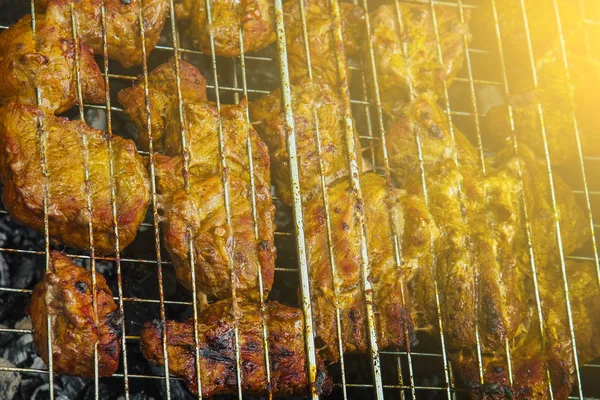 Cubos de carne conservada em escabeche em uma grelha de grelha no braseiro. churrasco kebab em brasas outdors. piquenique grelhado na natureza. vista superior de perto — Fotografia de Stock