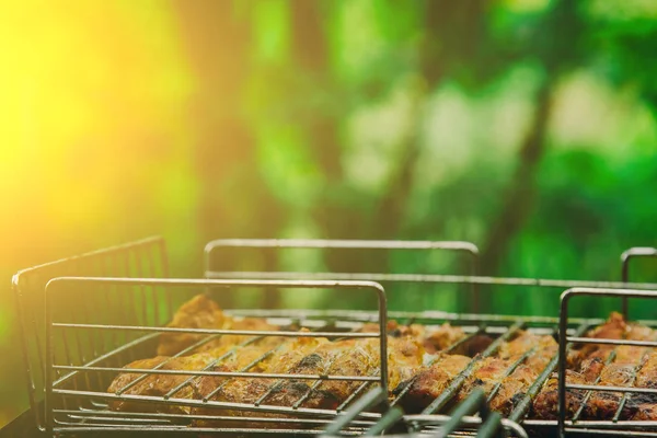 Würfel aus eingelegtem Fleisch in einem Grillrost am Kohlenbecken braten. Dönerspieße auf Glutnestern grillen. gegrilltes Picknick in der Natur. Seitenansicht Nahaufnahme eines Hintergrundes grüner Bäume — Stockfoto