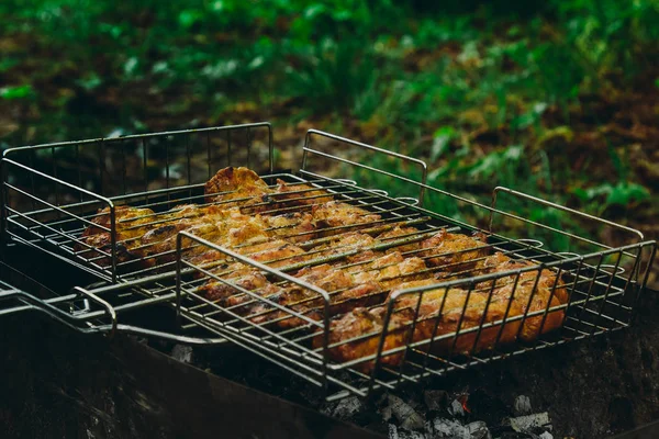 Cubos de carne conservada em escabeche em uma grelha de grelha no braseiro. churrasco kebab em brasas outdors. piquenique grelhado na natureza. vista superior de perto — Fotografia de Stock