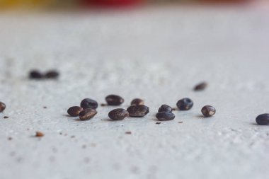 Beyaz bir masa arka plan üzerinde kurutulmuş siyah çiçek tohumları yakın çekim bir yığın. ekim sezonu. üst görünüm kopyalama alanını kapat