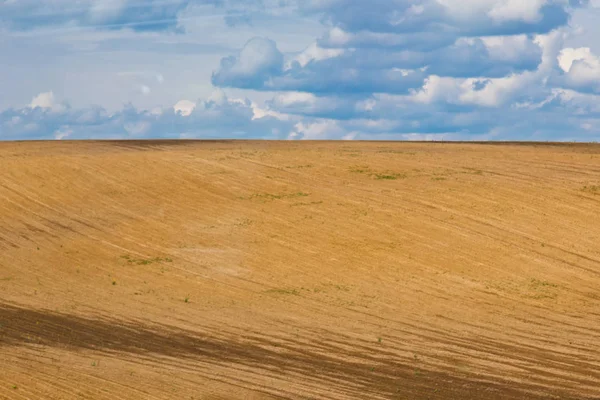 O campo não-semeado arado marrom em um fundo do céu azul do verão. céu ensolarado sobre um prado vazio. serenidade, felicidade. papel de parede — Fotografia de Stock