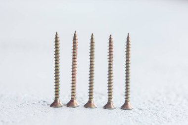 bulanık bir arka plan üzerinde ağaç yakın çekim metal vidalar. masaya yakın çekim cıvatalar. kopyalama alanı