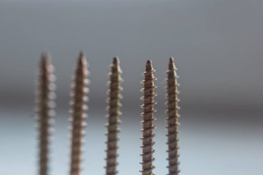 bulanık bir arka plan üzerinde ağaç yakın çekim metal vidalar. masaya yakın çekim cıvatalar. kopyalama alanı