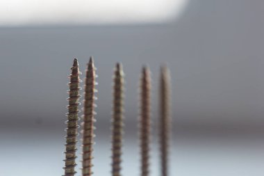 bulanık bir arka plan üzerinde ağaç yakın çekim metal vidalar. masaya yakın çekim cıvatalar. kopyalama alanı