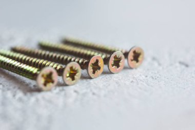 bulanık bir arka plan üzerinde ağaç yakın çekim metal vidalar. masaya yakın çekim cıvatalar. kopyalama alanı