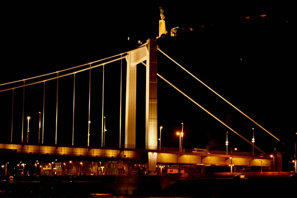 晚上布达佩斯，发光的黄金。多瑙河上的桥用灯泡照亮。照片从河 — 图库照片