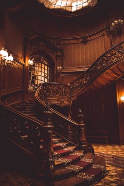 vintage korkuluk kapalı eski spiral ahşap merdiven. aristokrat bir saray salonunda lüks oyma ahşap iç. cam kubbe tavanlı nadir mimari. kopyalama alanı