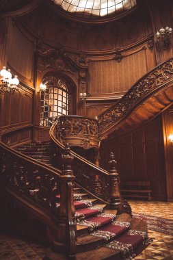 vintage korkuluk kapalı eski spiral ahşap merdiven. aristokrat bir saray salonunda lüks oyma ahşap iç. cam kubbe tavanlı nadir mimari. kopyalama alanı