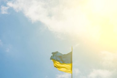 Güneşli bir günde falstock rüzgarda açık mavi gökyüzü çırpınan arka planda Ukrayna bayrağı. Kopyalama alanı