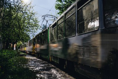 eski tramvaylar bir satır açık bir gökyüzünün arka planına karşı parkta tek tek durmak. toplu taşıma gözlük üzerinde yansıması. demiryolu taşımacılığı haddeleme stok reklam