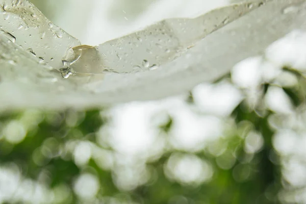 雨从聚乙烯薄膜流到室外的散景后滴水。自制防雨外。聚乙烯信封上的冷凝水。野餐时天气不好 — 图库照片