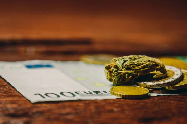 Un brote de cannabis se encuentra en un billete de cien euros y monedas de primer plano. compra y venta de drogas blandas legalizadas. concepto de negocio de cannabis medicinal — Foto de Stock