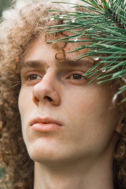 sokakta bir yaz parkında genç bir kıvırcık saçlı adam portresi. öğrenci ve genç gezgin kavramı