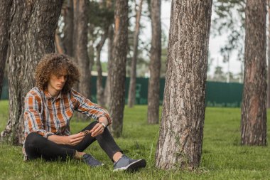 sokakta bir yaz parkında genç bir kıvırcık saçlı adam portresi. öğrenci ve genç gezgin kavramı