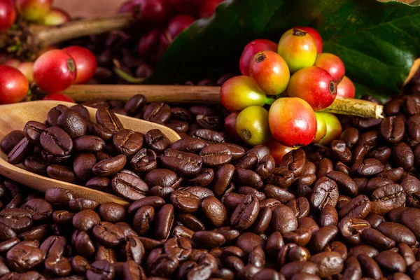 Granos Café Sobre Fondo Madera Rotación —  Fotos de Stock