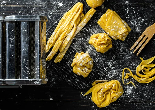 Pasta Pasta Ingredients Dark Wooden Table Top View — Stock Photo, Image
