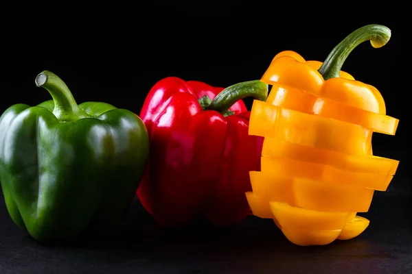 Three Sweet Peppers Wooden Background Cooking Vegetable Salad — Stock Photo, Image