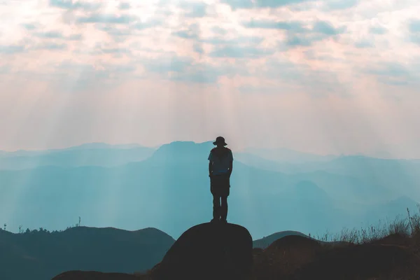 Silhouette Man Peak Mountain Success Concept — Stock Photo, Image