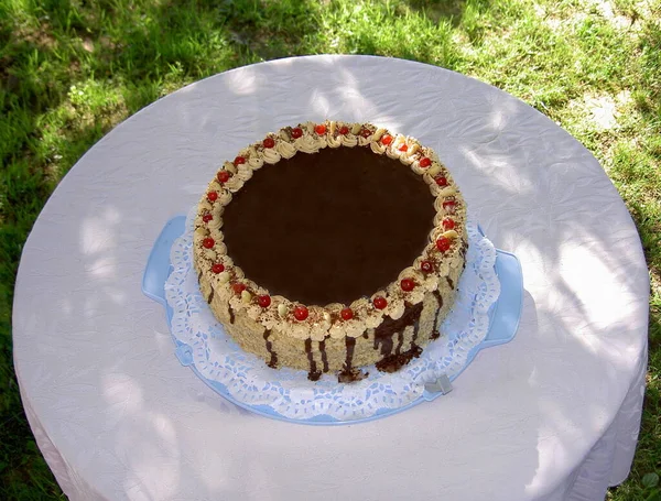 Tarta Cumpleaños Chocolate Fruta Nuez Crema Batida Sobre Mesa Aire — Foto de Stock