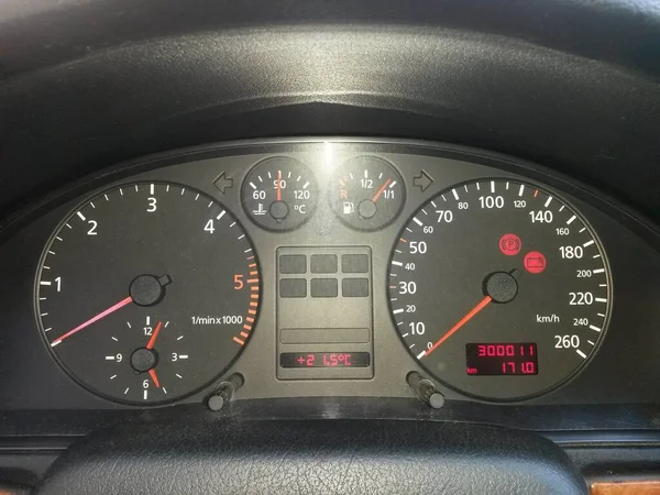 Dashboard of car with warning lights, put on, image
