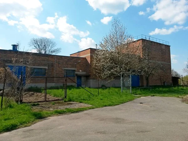 Factory brick building abandoned and without people during spring blossom of trees, on background blue sky with clouds, image