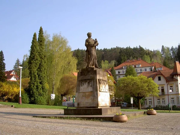 纪念第二次世界大战受害者纪念碑 游击队和男孩 Luhacovice 广场前的城市办事处 捷克共和国 — 图库照片