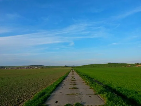 コンクリートパネルで作られた道路 フィールドと村の間 遠くに消えます 曇りの空と — ストック写真