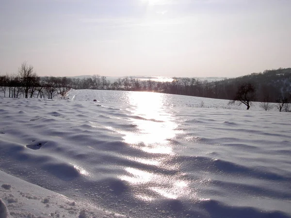 Paisagem Inverno Coberta Por Uma Crosta Gelo Iluminada Pelo Sol — Fotografia de Stock