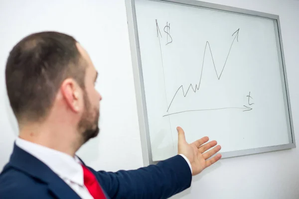 successful businessman with a beard in a suit and a red tie in the office shows a graph of profit growth