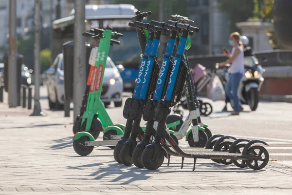 Madrid Spain June 2020 Electric Scooters Shared System Transport Service — Stock Photo, Image