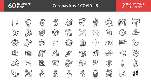 Εικονίδια Coronavirus Και Covid Πολλαπλών Χρήσεων Χειροποίητα Διανυσματικές Εικόνες Επεξεργάσιμο — Διανυσματικό Αρχείο