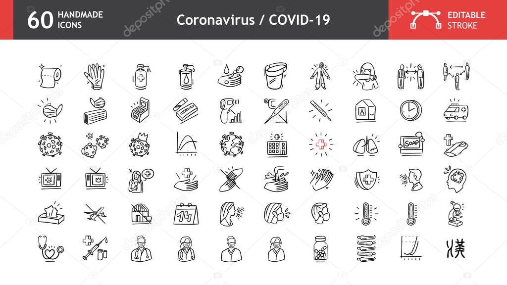 Coronavirus and COVID-19 icons multipurpose, handmade, vector images, with editable stroke.