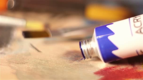 The artist squeezes the blue paint from the tube onto the palette. — Stock Video