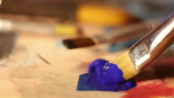 Ο καλλιτέχνης βουτάει το πινέλο στο μπλε χρώμα. . — Αρχείο Βίντεο