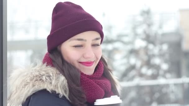 Belle jeune fille d'humeur romantique boit du café et attend son petit ami dans un parc d'hiver . — Video