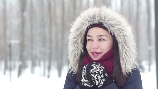 Красивая молодая девушка согревает руки дыханием во время прогулки по зимнему лесу . — стоковое видео