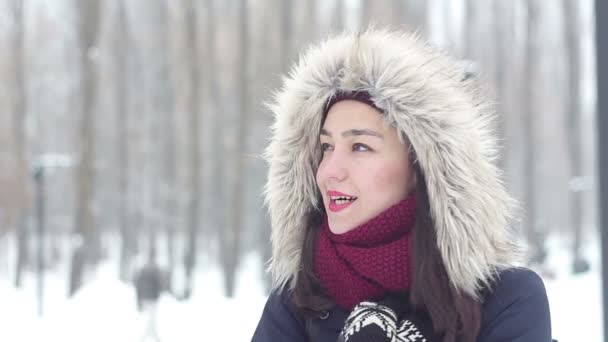 Belle jeune fille d'humeur romantique, attendant son petit ami dans un parc d'hiver . — Video