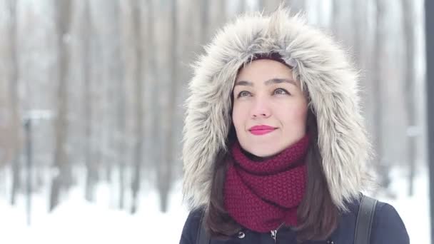 겨울 공원에서 그녀의 남자 친구를 기다리는 낭만적인 분위기에 아름 다운 젊은 여자. — 비디오