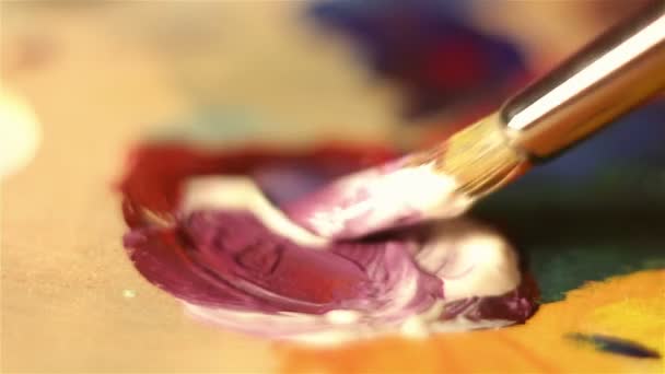 Artist mixes on the palette white and red paint. — Stock Video