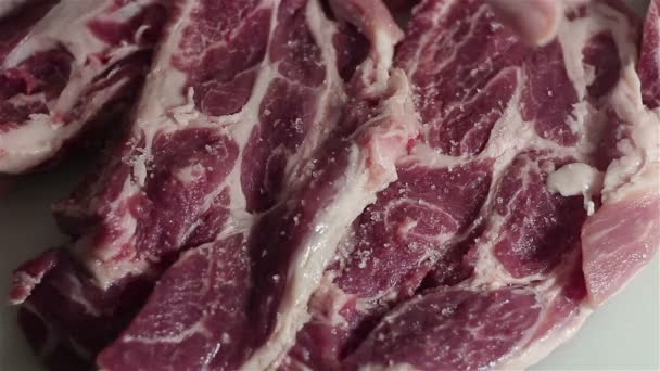 Lo chef spruzza sale sulla carne fresca . — Video Stock