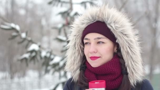 Mooi jong meisje drinkt koffie uit een thermos in een winter park. — Stockvideo