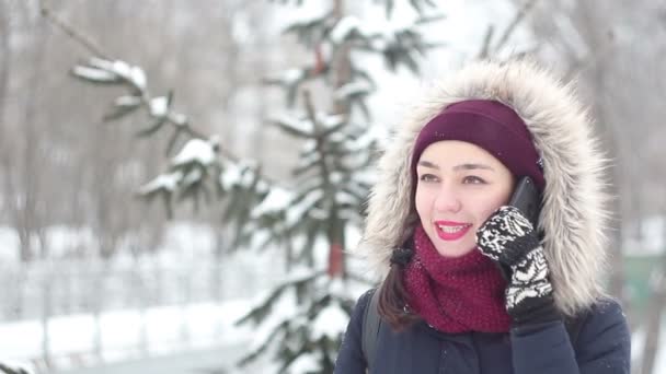 Vacker ung flicka talar på hennes smartphone medan promenader i en winter park. — Stockvideo