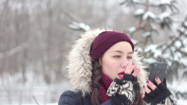 Piękna młoda dziewczyna jest rzut za pośrednictwem sieci społecznościowych w swoim smartfonie podczas spaceru w parku zimowym. — Wideo stockowe