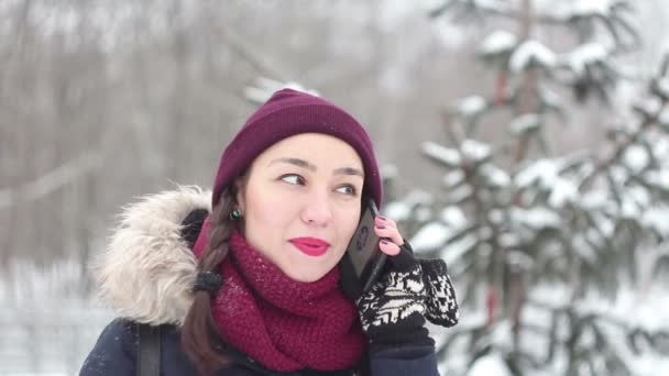 Vacker ung flicka talar på hennes smartphone medan promenader i en winter park. — Stockvideo