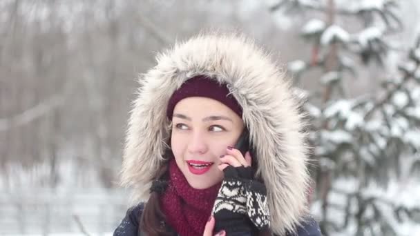 Belle jeune fille parlant sur son smartphone tout en marchant dans un parc d'hiver . — Video