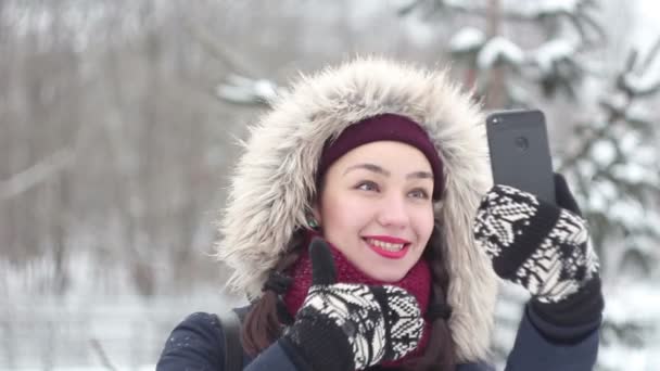 Joven hermosa chica toma fotos de sí misma en su teléfono inteligente mientras camina en un parque de invierno . — Vídeo de stock