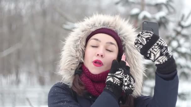 Ung vacker flicka gör selfie på sin smartphone medan promenader i en winter park. — Stockvideo