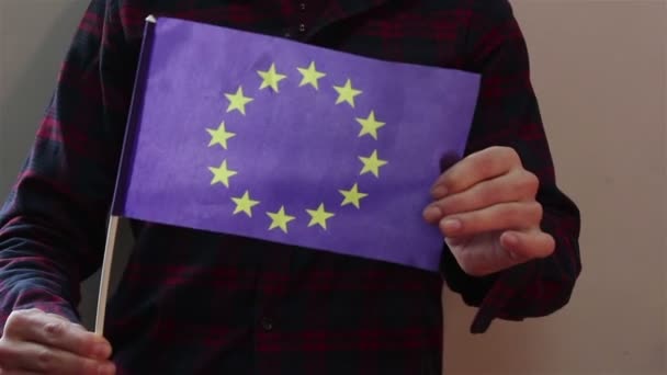 Ein junges attraktives Mädchen schwenkt die Fahne der Europäischen Union. — Stockvideo