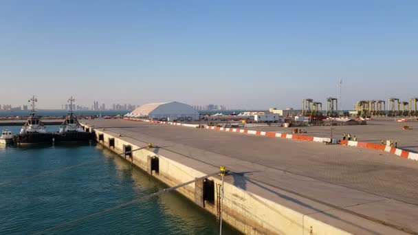 Uitzicht op de Pier met aangemeerd schepen. Cargo Seaport. Werknemers werken in de Cargo Seaport. — Stockvideo